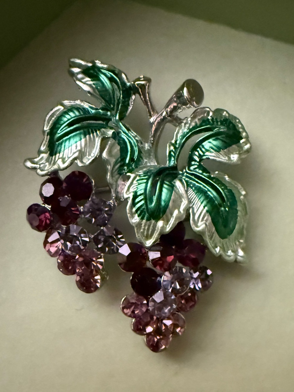 Kirks Folly Green Enamel Leaves with Purple Crystal Grape Brooch